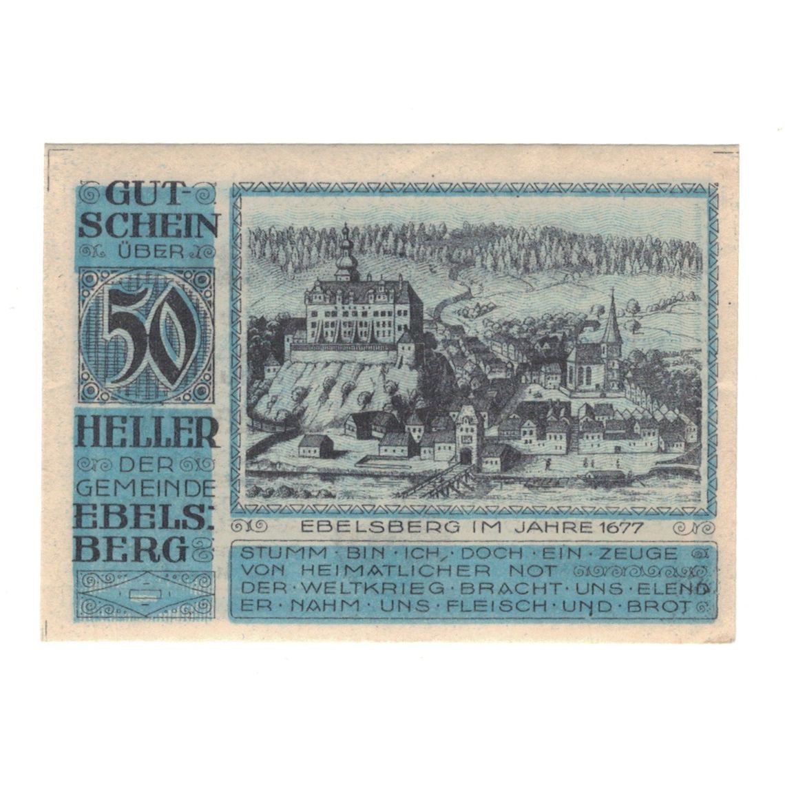 Billet, Autriche, Ebelsberg O.Ö. Gemeinde, 50 Heller, village, 1920