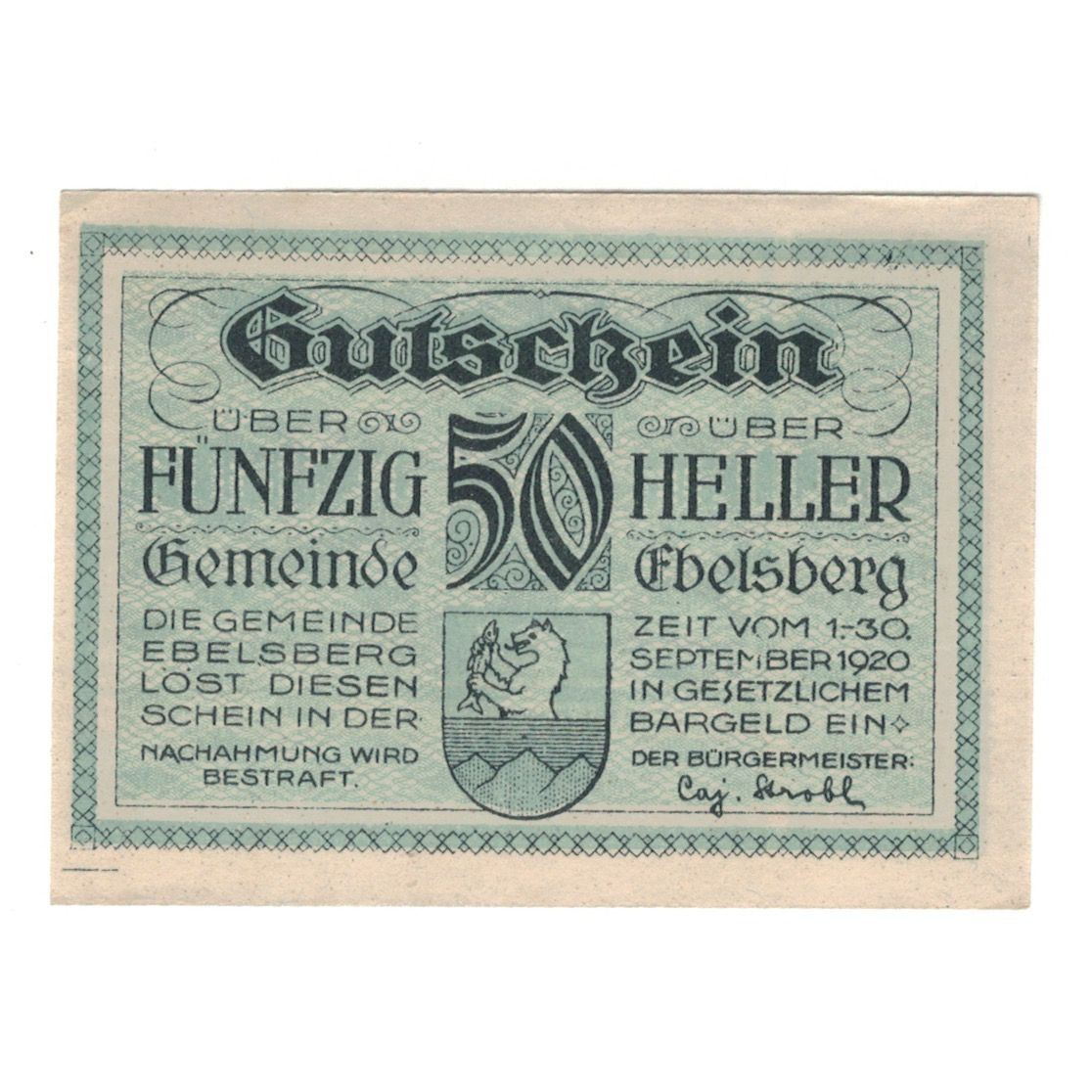 Geldschein, Österreich, Ebelsberg O.Ö. Gemeinde, 50 Heller, village 1, 1920