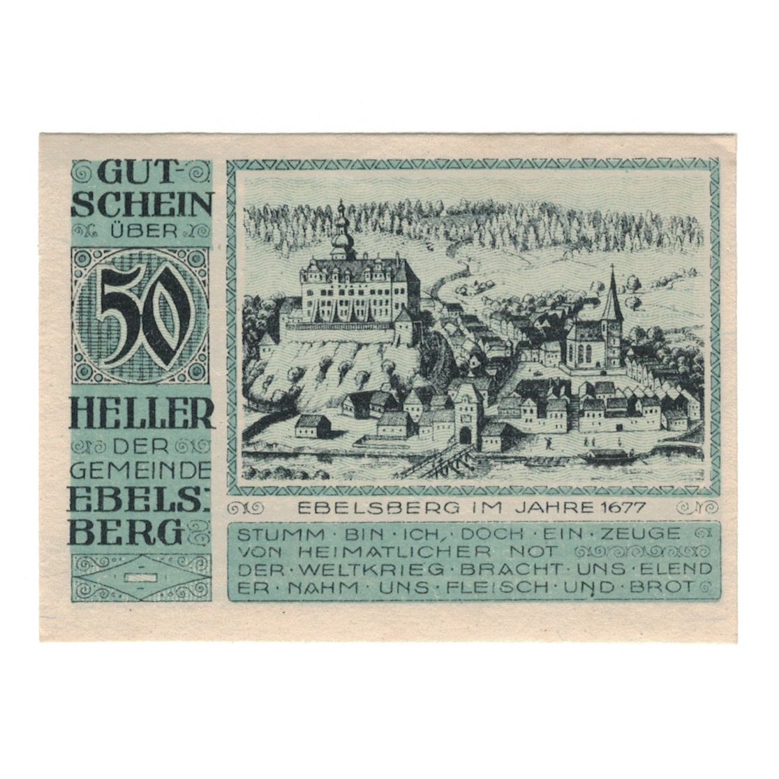 Geldschein, Österreich, Ebelsberg O.Ö. Gemeinde, 50 Heller, village 1, 1920