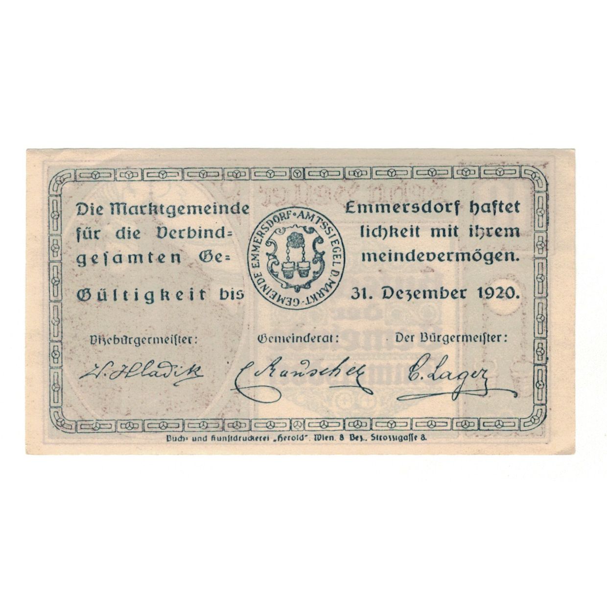 Geldschein, Österreich, Emmersdorf N.Ö. Gemeinde, 10 Heller, Texte, 1920