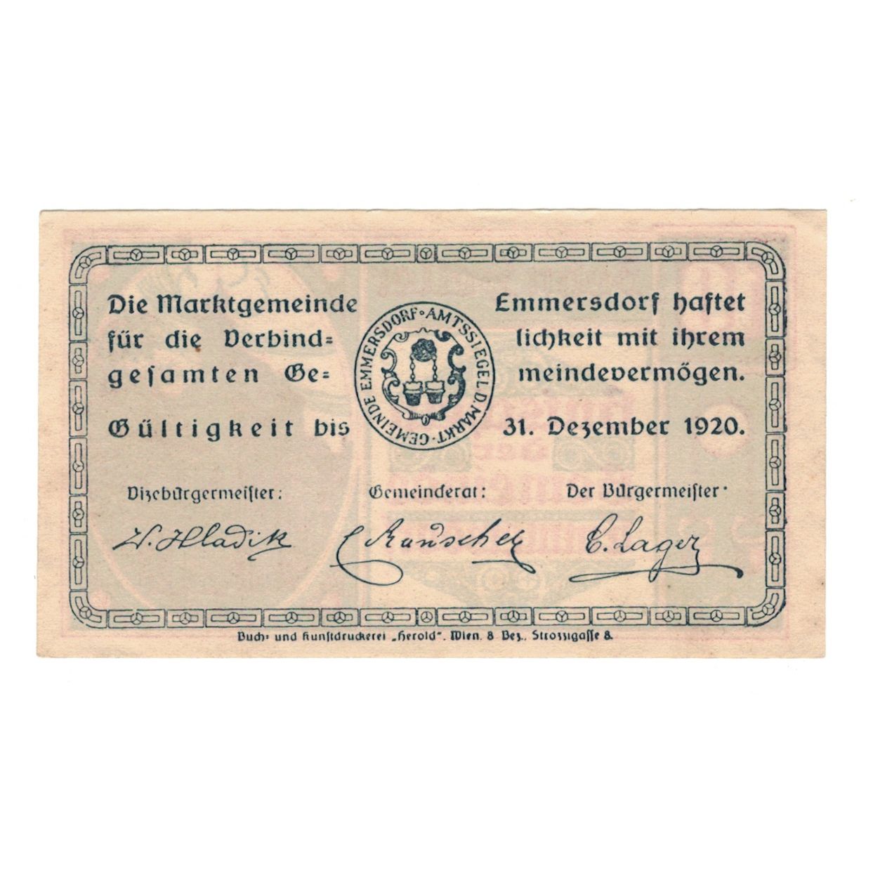 Geldschein, Österreich, Emmersdorf N.Ö. Gemeinde, 10 Heller, texte 1, 1920