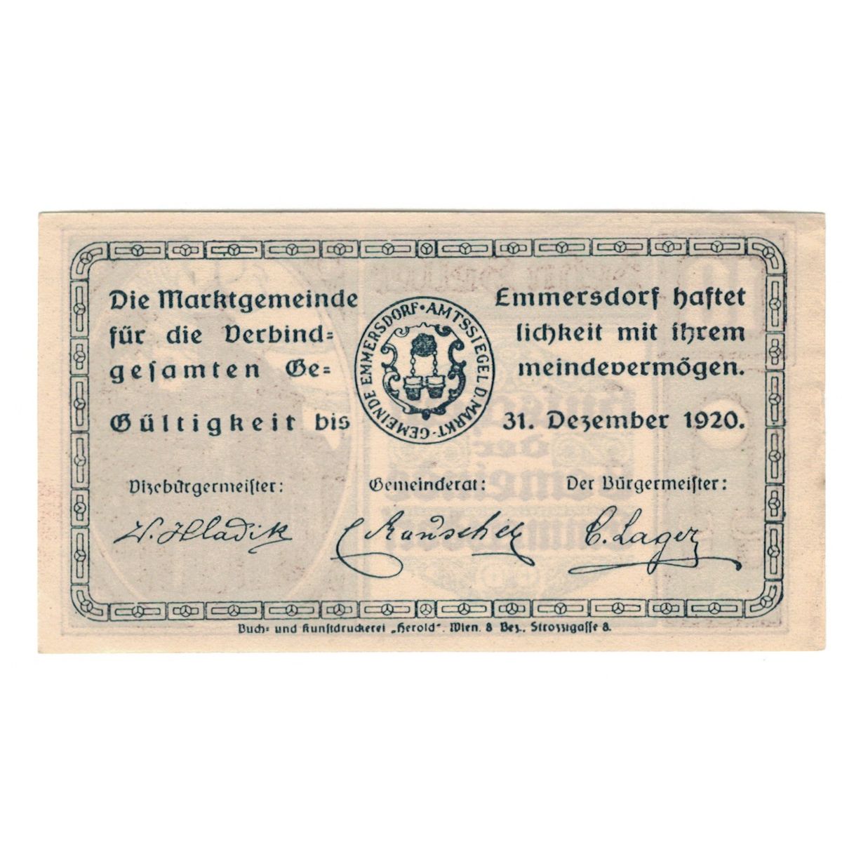 Geldschein, Österreich, Emmersdorf N.Ö. Gemeinde, 10 Heller, Texte 2, 1920