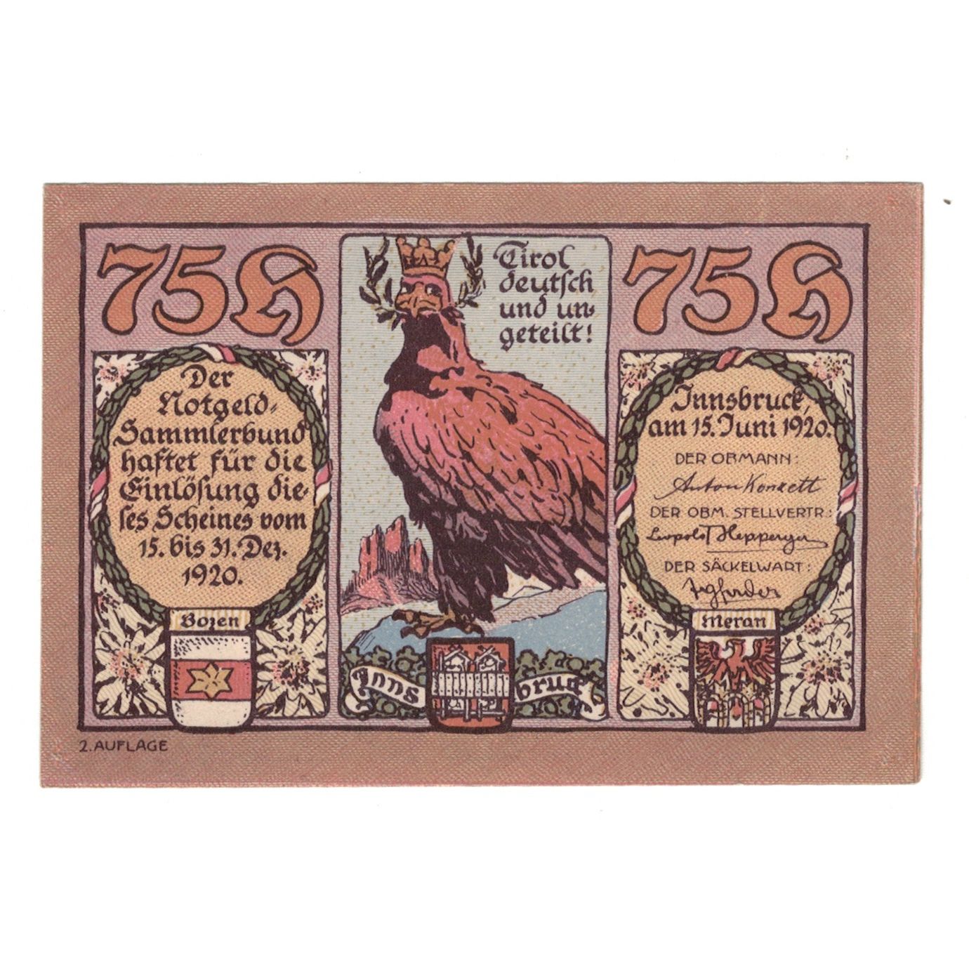Geldschein, Österreich, Innsbruck Tirol Prv. Notgeld Sammlerbund Innsbruck, 75