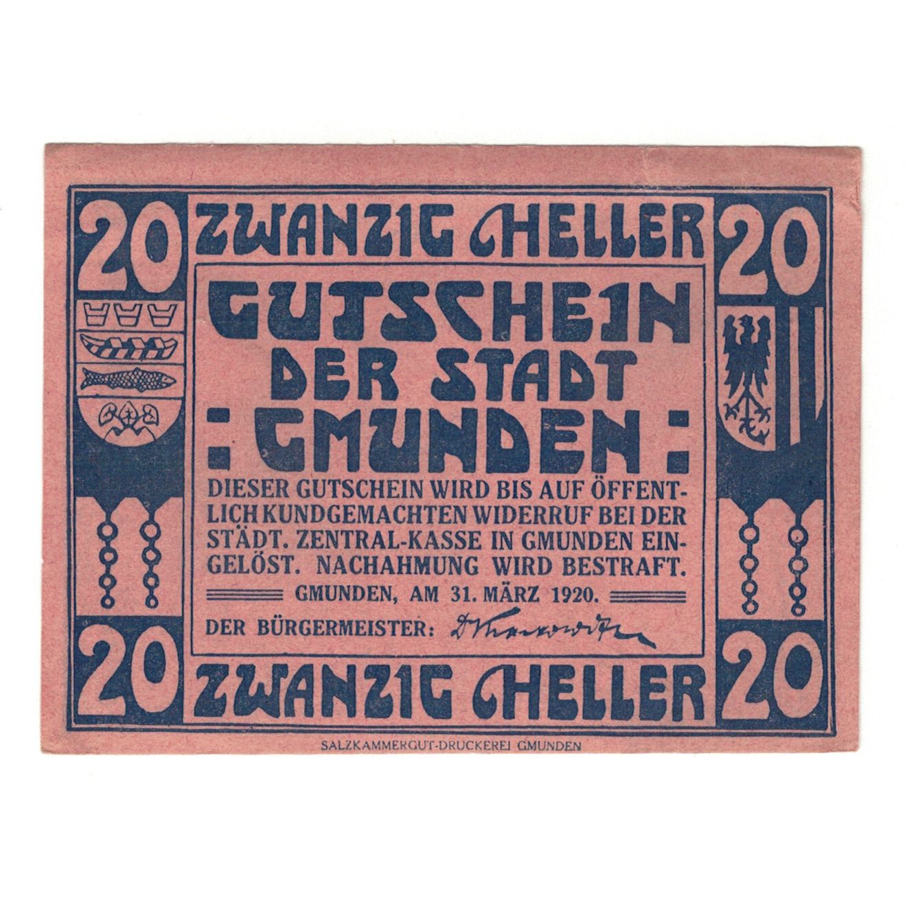 Geldschein, Österreich, Gmunden O.Ö. Stadt, 20 Heller, personnage, 1920