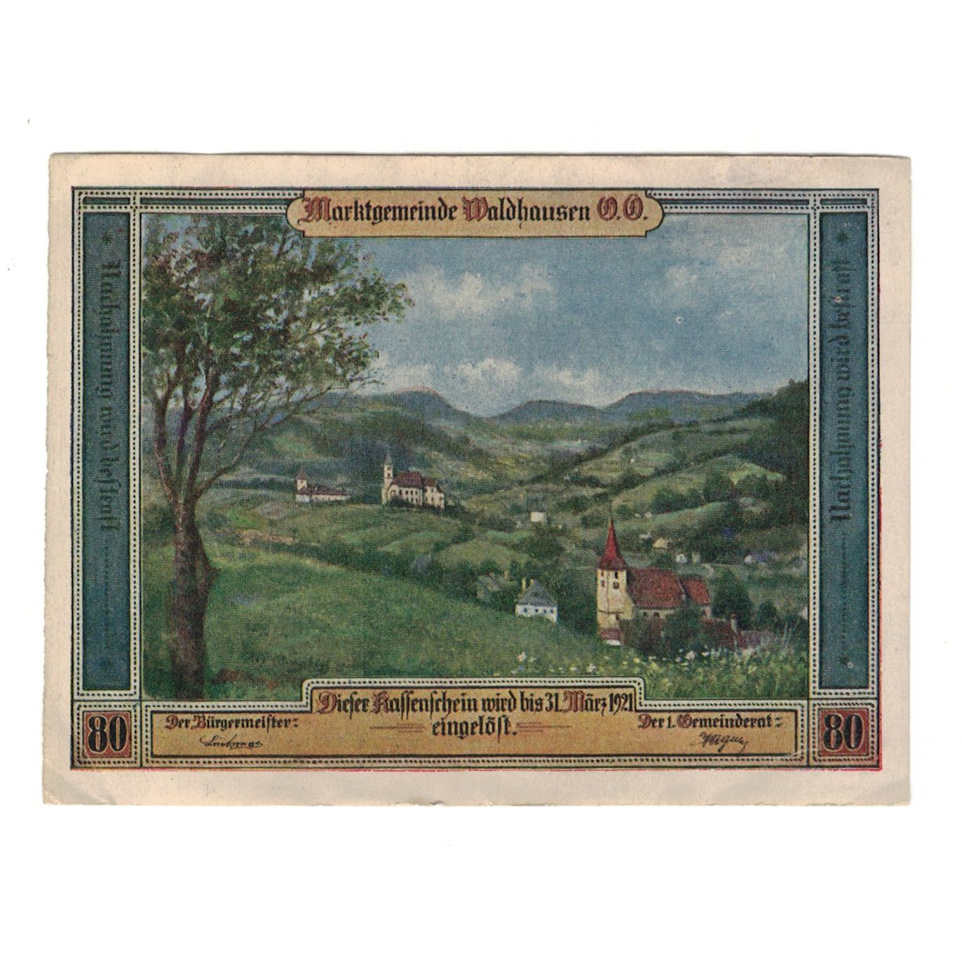 Geldschein, Österreich, Waldhausen O.Ö. Marktgemeinde, 80 Heller, Texte, 1921