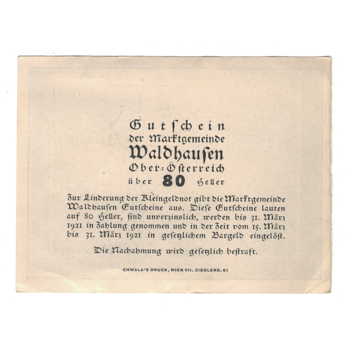 Geldschein, Österreich, Waldhausen O.Ö. Marktgemeinde, 80 Heller, Texte, 1921