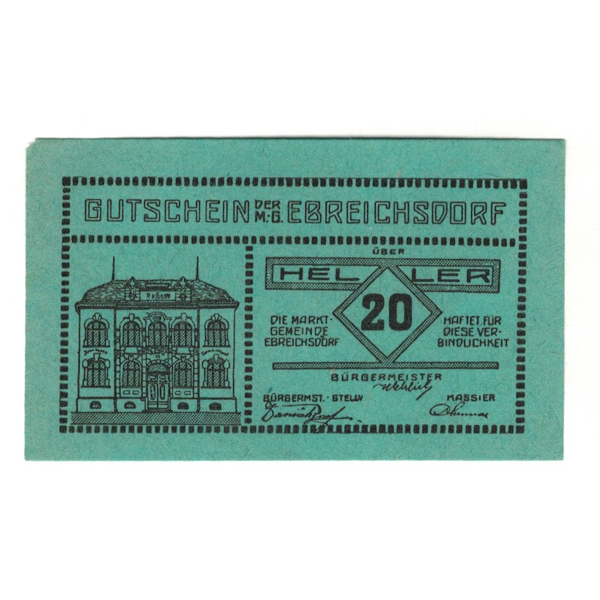 Geldschein, Österreich, Ebreichsdorf N.Ö. Marktgemeinde, 20 Heller, Texte