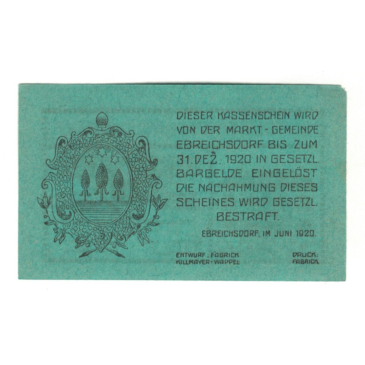Geldschein, Österreich, Ebreichsdorf N.Ö. Marktgemeinde, 20 Heller, Texte