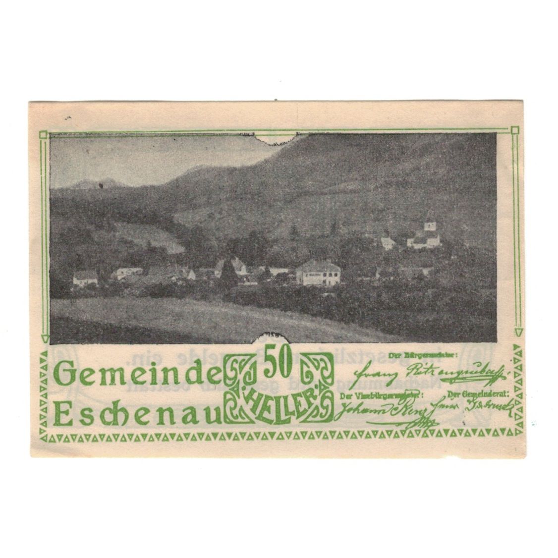 Geldschein, Österreich, Eschenau N.Ö. Gemeinde, 50 Heller, Texte, 1920
