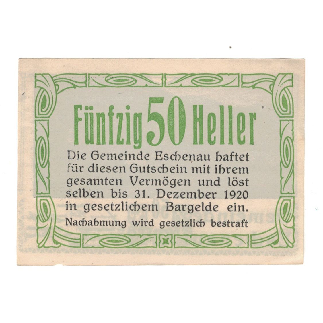 Geldschein, Österreich, Eschenau N.Ö. Gemeinde, 50 Heller, Texte, 1920