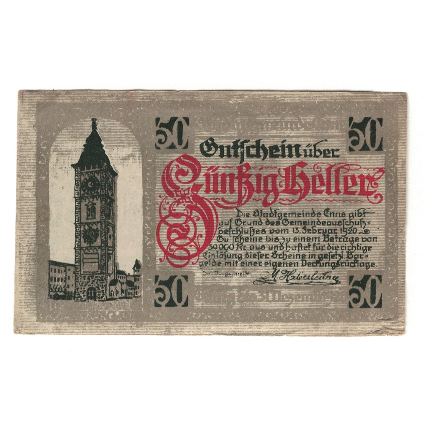 Geldschein, Österreich, Enns O.Ö. Stadtgemeinde, 50 Heller, Blason, 1920
