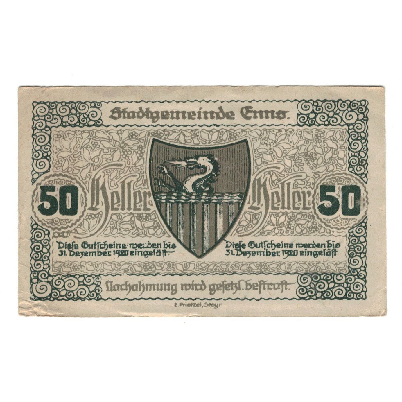 Geldschein, Österreich, Enns O.Ö. Stadtgemeinde, 50 Heller, Blason, 1920