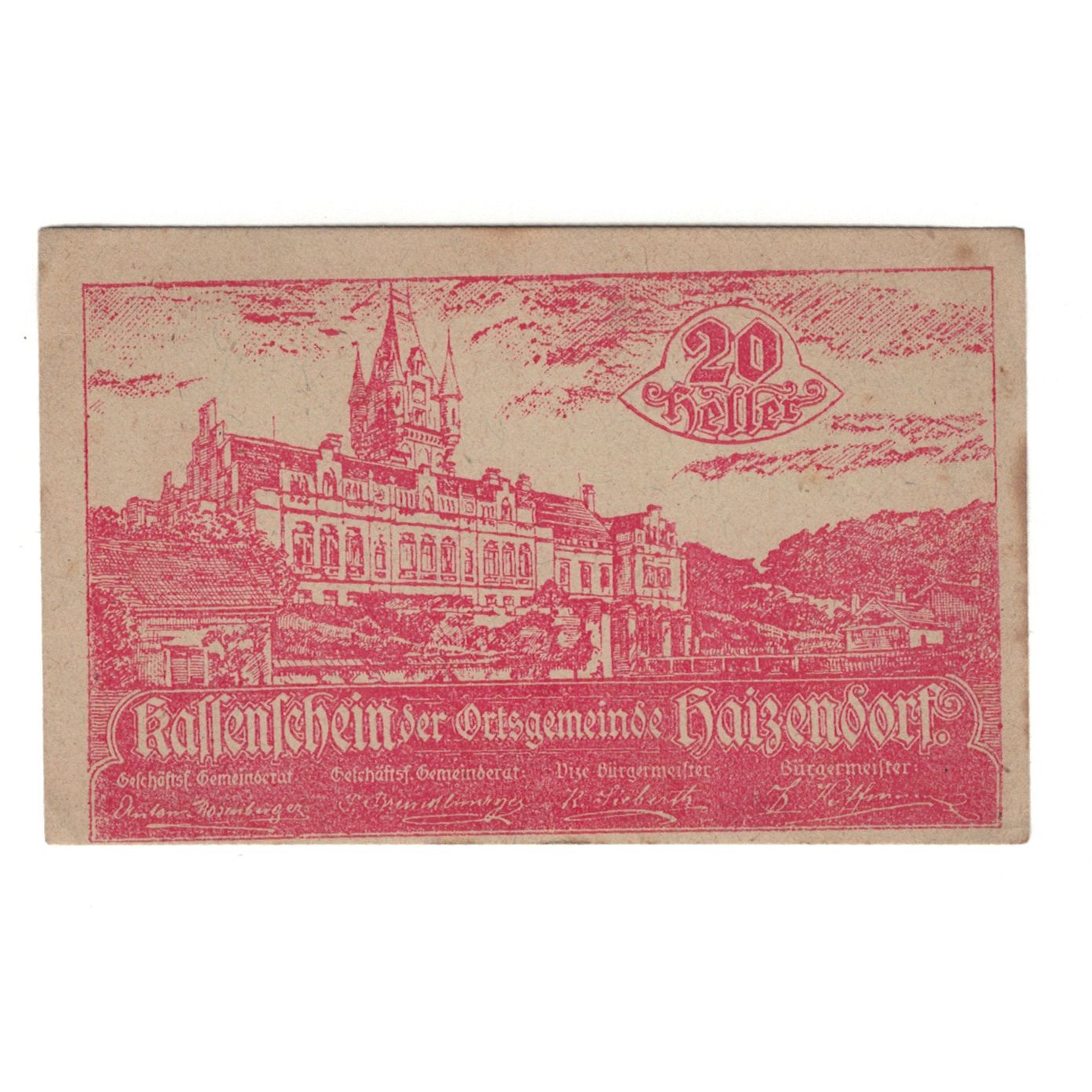 Geldschein, Österreich, Haizendorf N.Ö. Ortsgemeinde, 20 Heller, Texte, 1920