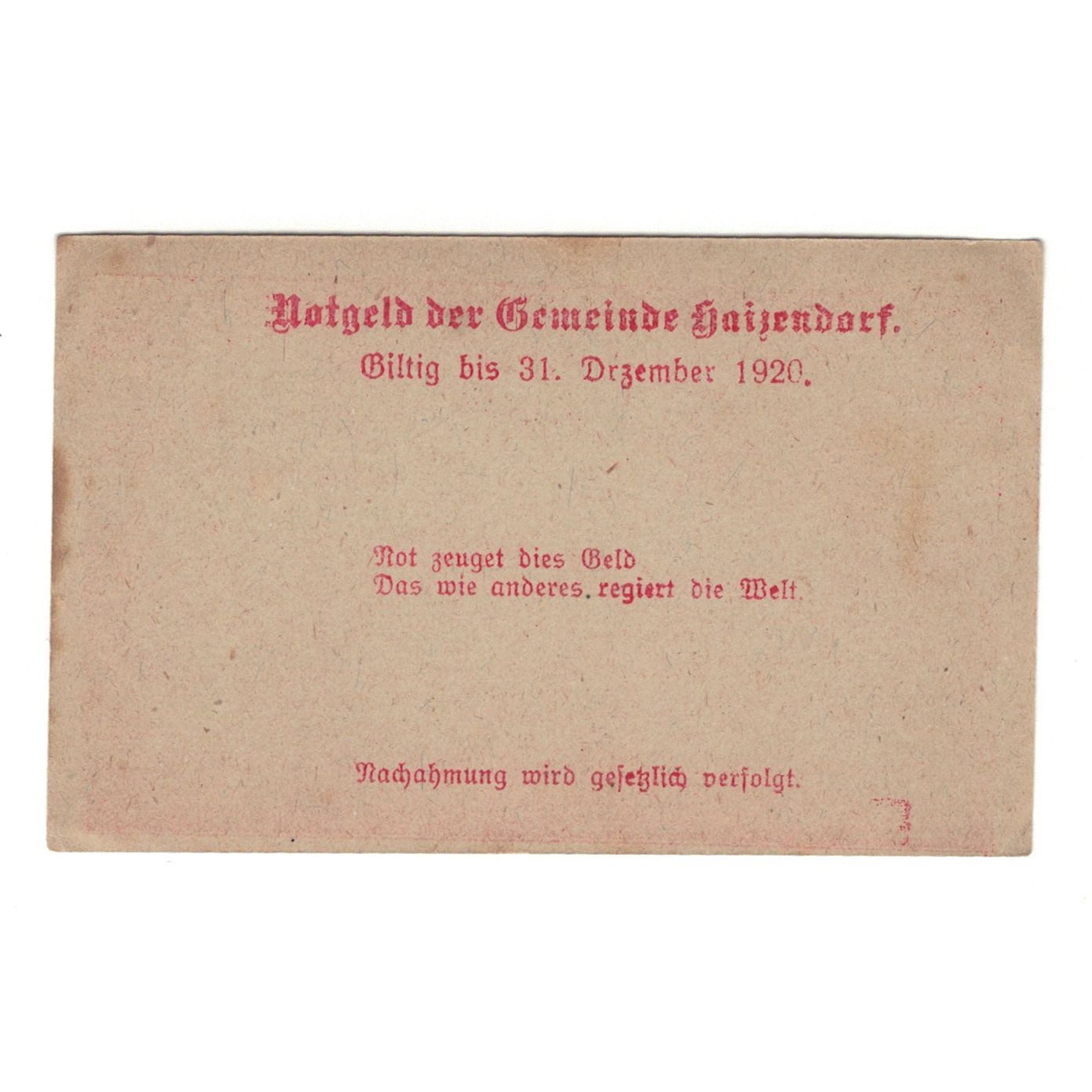 Geldschein, Österreich, Haizendorf N.Ö. Ortsgemeinde, 20 Heller, Texte, 1920