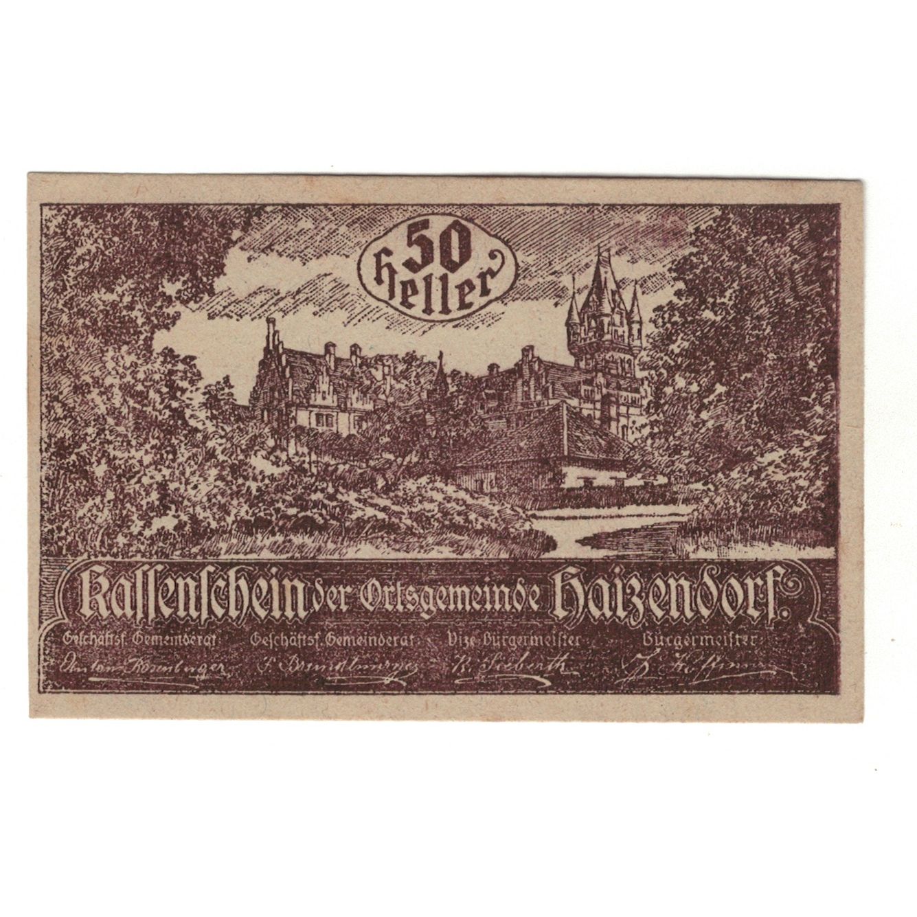 Geldschein, Österreich, Haizendorf N.Ö. Ortsgemeinde, 50 Heller, Texte, 1920