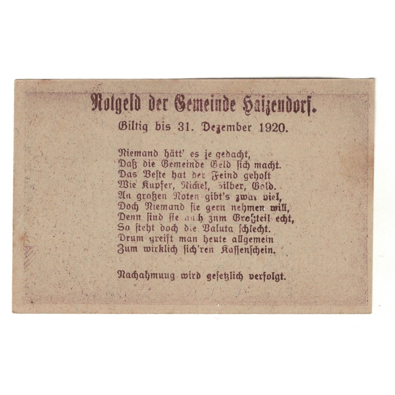 Geldschein, Österreich, Haizendorf N.Ö. Ortsgemeinde, 50 Heller, Texte, 1920