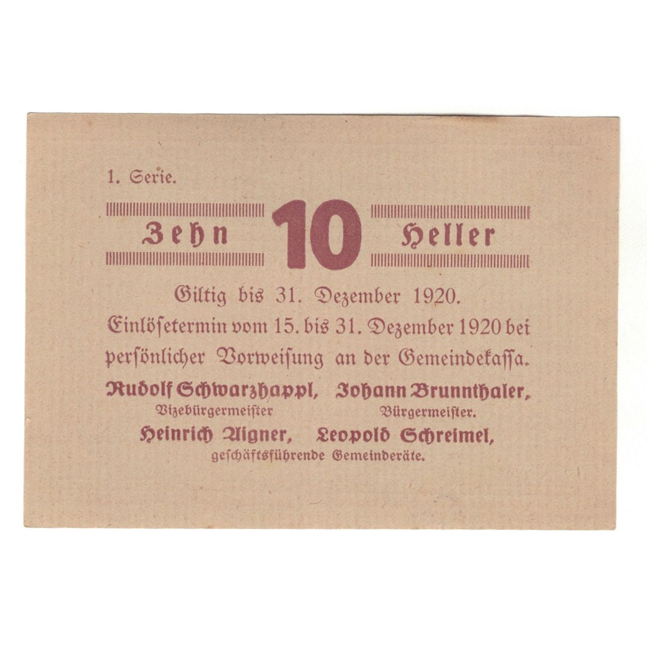 Banknote, Austria, Paudorf, Gemeinde, 10 Heller, Texte, 1920, 1920-12-31