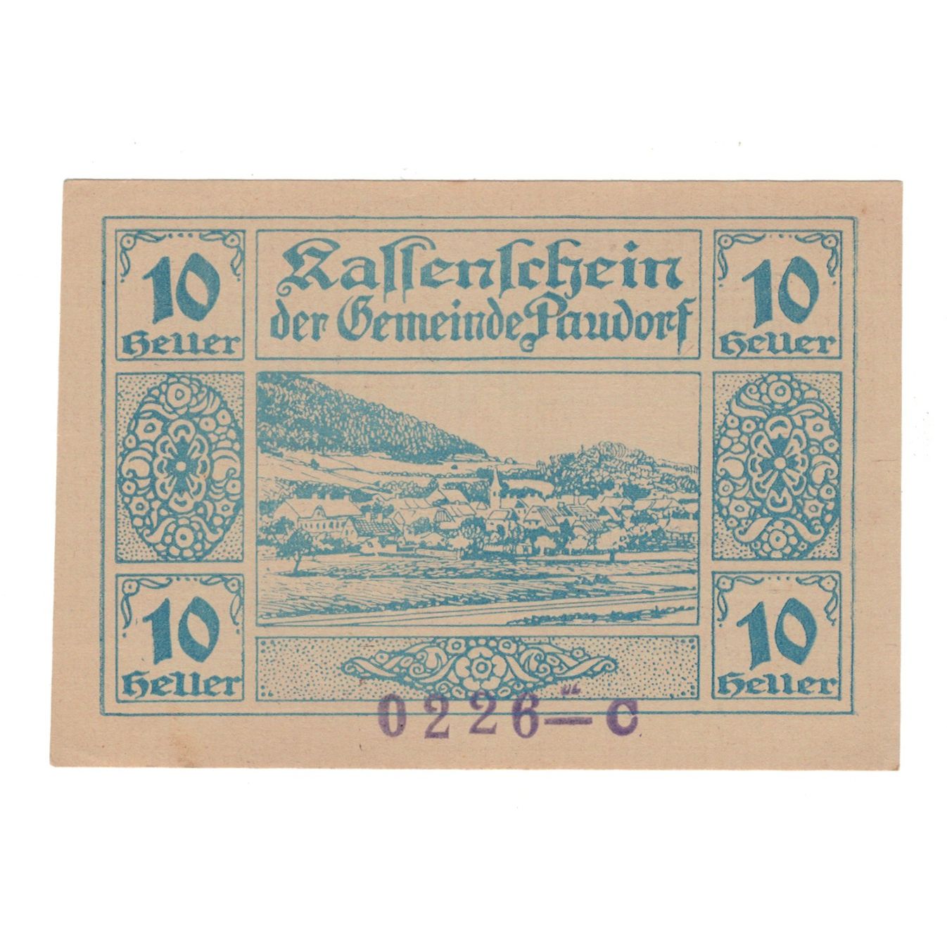 Geldschein, Österreich, Paudorf, Gemeinde, 10 Heller, texte 1, 1920