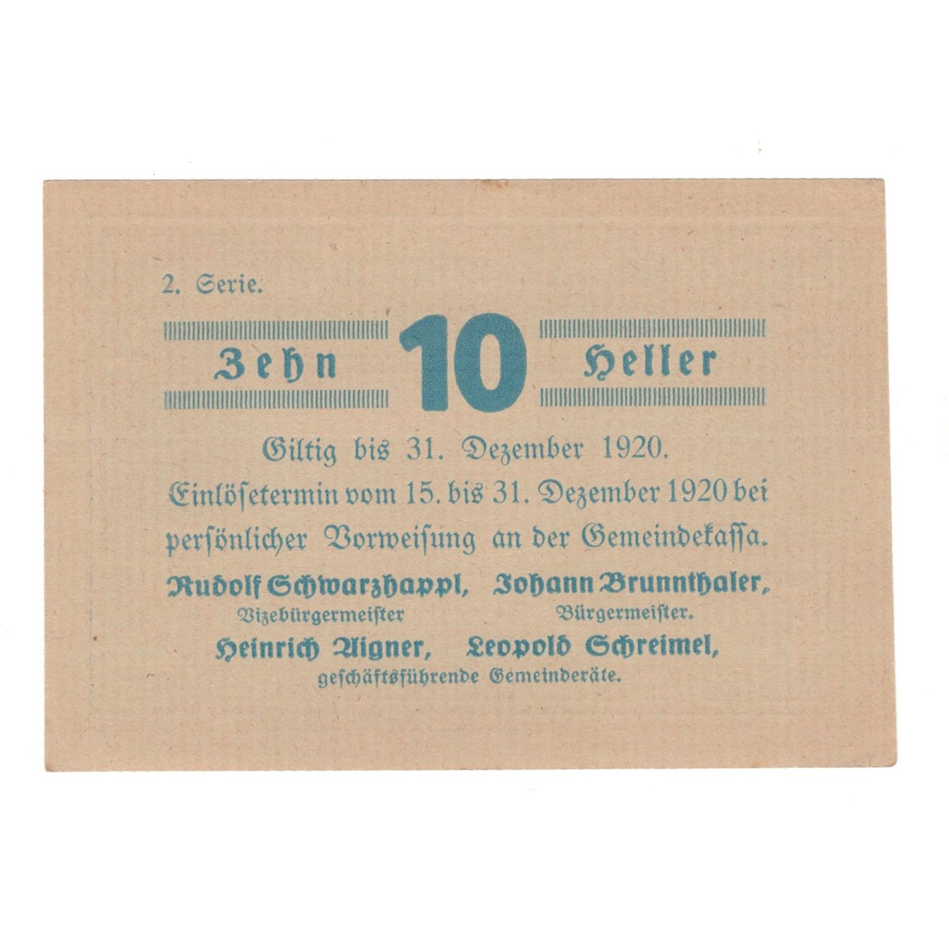 Geldschein, Österreich, Paudorf, Gemeinde, 10 Heller, texte 1, 1920