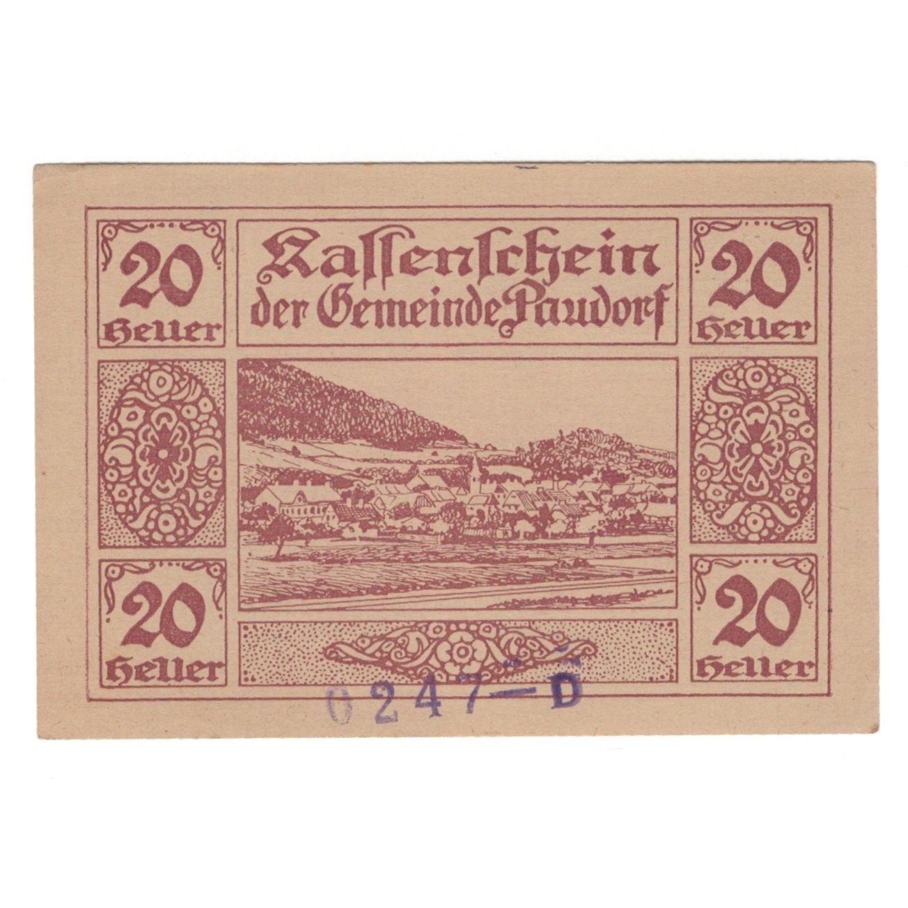 Geldschein, Österreich, Paudorf, Gemeinde, 20 Heller, Texte, 1920, 1920-12-31