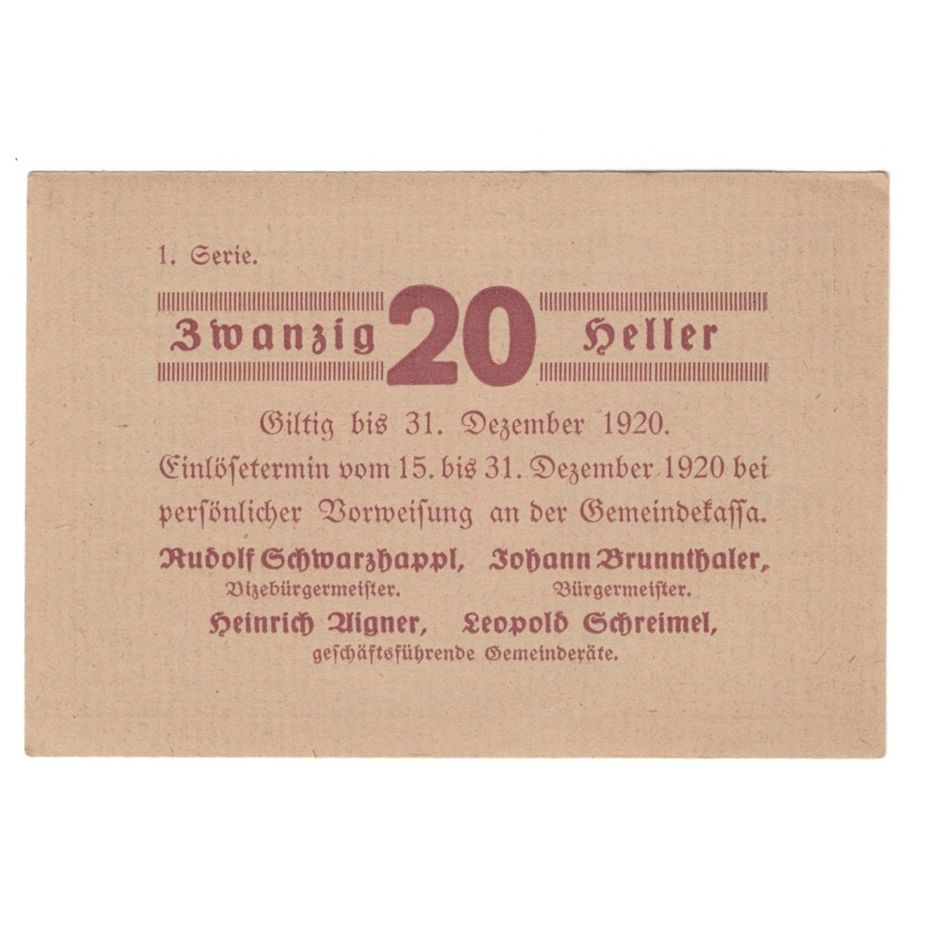 Geldschein, Österreich, Paudorf, Gemeinde, 20 Heller, Texte, 1920, 1920-12-31