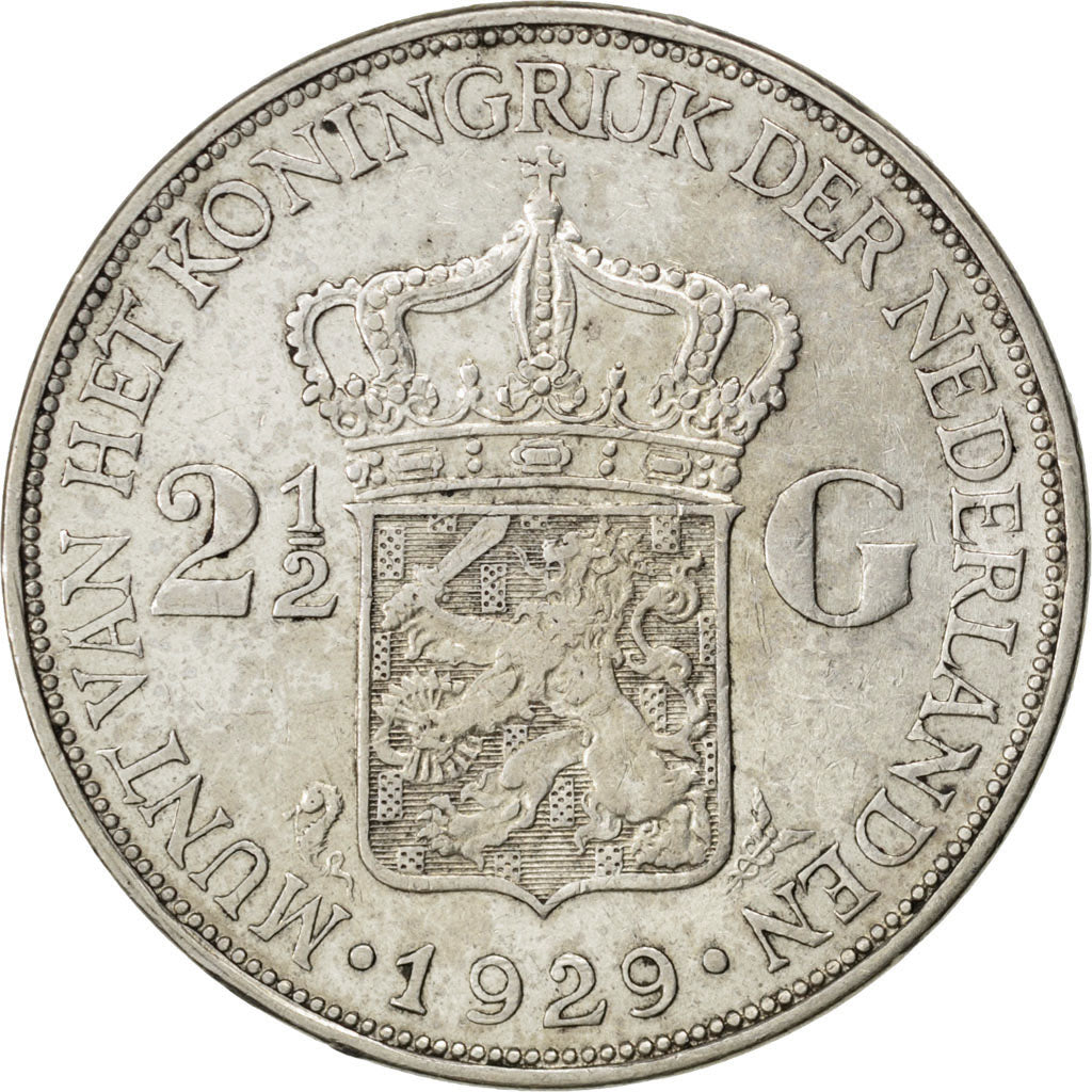 Coin, Netherlands, Wilhelmina I, 2-1/2 Gulden, 1929, EF(40-45), Silver, KM:165