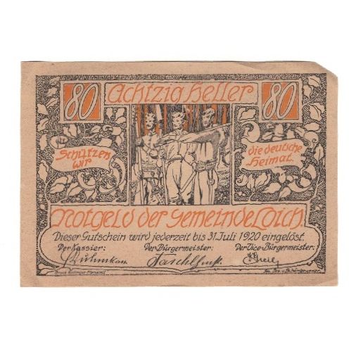 Banknote, Austria, Loich N.Ö. Gemeinde, 80 Heller, Texte, 1920, 1920-07-31