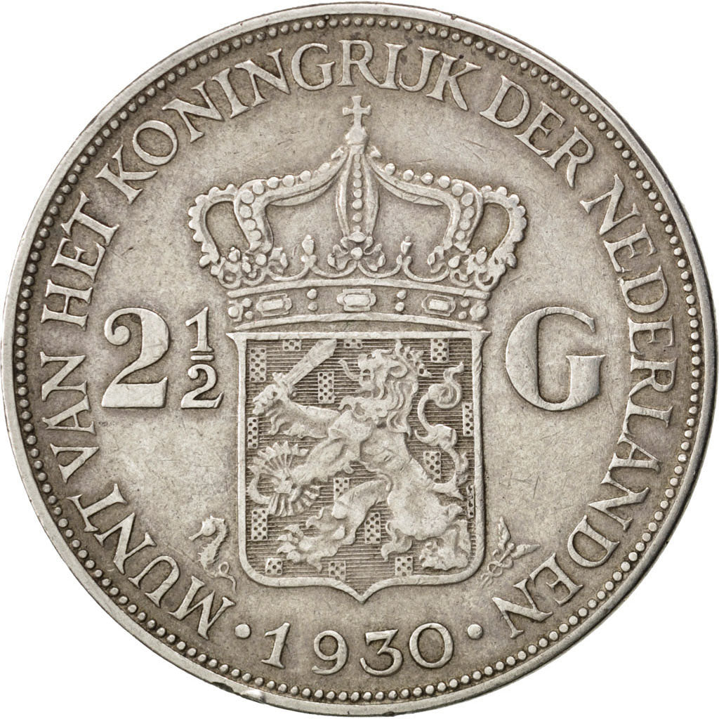 NETHERLANDS, 2-1/2 Gulden, 1930, KM #165, EF(40-45), Silver, 38, 24.98