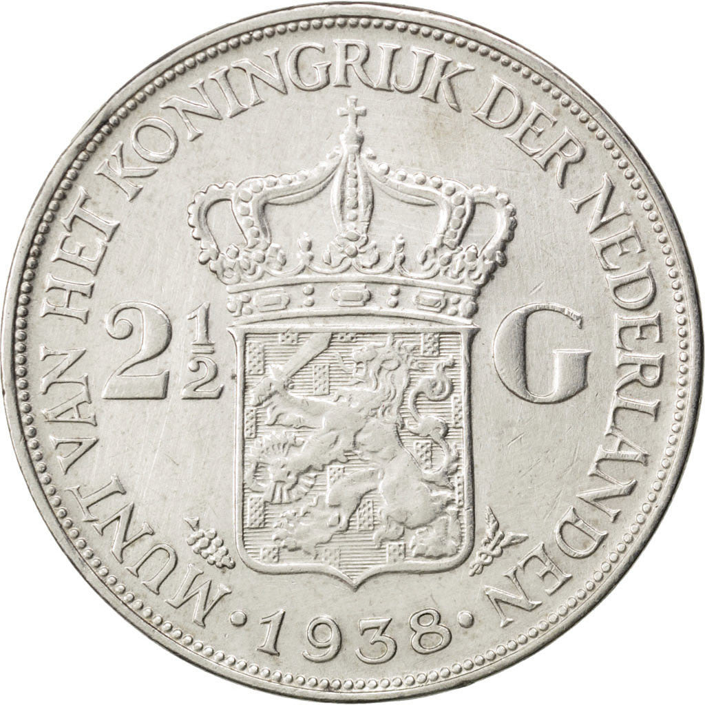 NETHERLANDS, 2-1/2 Gulden, 1938, KM #165, AU(50-53), Silver, 38, 24.93