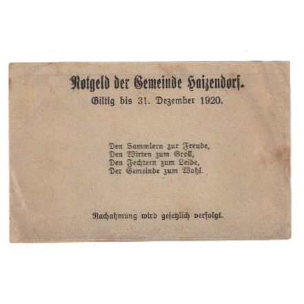 Billet, Autriche, Haizendorf N.Ö. Ortsgemeinde, 10 Heller, Texte, 1920