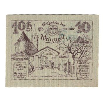 Banconote, Austria, Weinzierl bei Wieselburg N.Ö. Gemeinde, 10 Heller, paysage