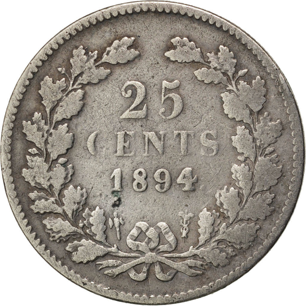 Coin, Netherlands, Wilhelmina I, 25 Cents, 1894, VF(20-25), Silver, KM:115