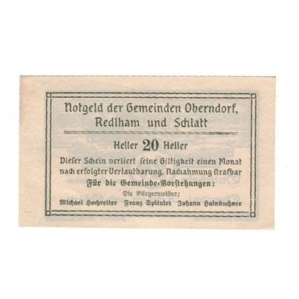 Banknote, Austria, Oberndorf Redlham Schlatt O.Ö. Gemeinden, 20 Heller, Texte