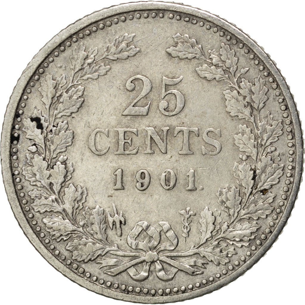 NETHERLANDS, 25 Cents, 1901, KM #120.2, EF(40-45), Silver, 19, 3.53