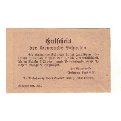 Banknot, Austria, Scharten O.Ö. Gemeinde, 20 Heller, Texte, 1920, 1920-05-02