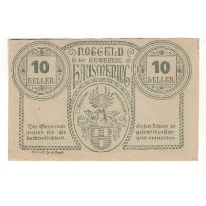 Geldschein, Österreich, Hausmening N.Ö. Gemeinde, 10 Heller, Blason, 1920