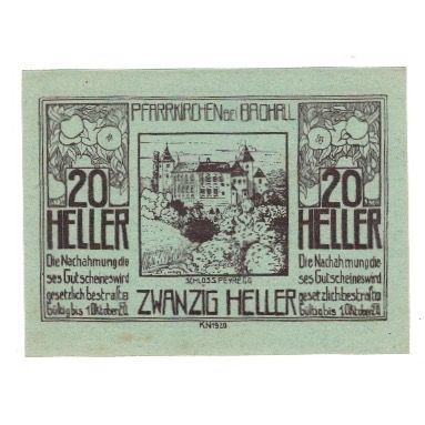 Banknote, Austria, Pfarrkirchen bei Bad Hall O.Ö. Gemeinde, 20 Heller, Texte