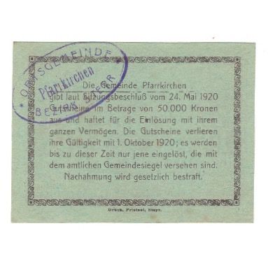 Banknote, Austria, Pfarrkirchen bei Bad Hall O.Ö. Gemeinde, 20 Heller, Texte