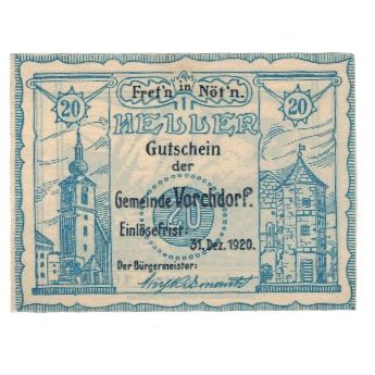 Geldschein, Österreich, Vorchdorf O.Ö. Gemeinde, 20 Heller, paysage, 1920