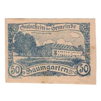 Geldschein, Österreich, Baumgarten O.Ö. Gemeinde, 50 Heller, Texte, 1920