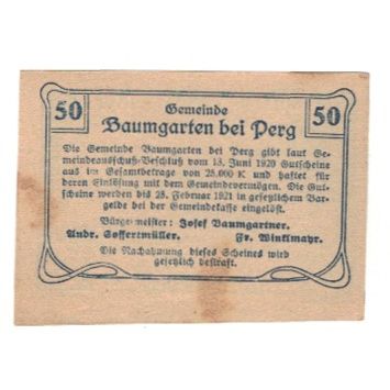 Geldschein, Österreich, Baumgarten O.Ö. Gemeinde, 50 Heller, Texte, 1920