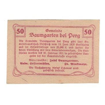 Geldschein, Österreich, Baumgarten O.Ö. Gemeinde, 50 Heller, texte 1, 1920