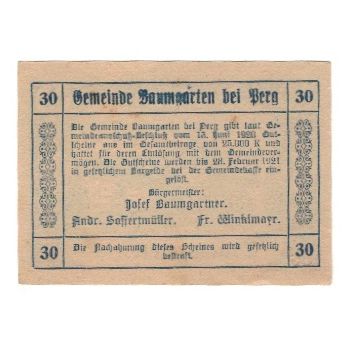Geldschein, Österreich, Baumgarten O.Ö. Gemeinde, 30 Heller, Texte, 1920