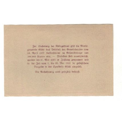 Geldschein, Österreich, Gföhl N.Ö. Marktgemeinde, 50 Heller, Texte, 1920