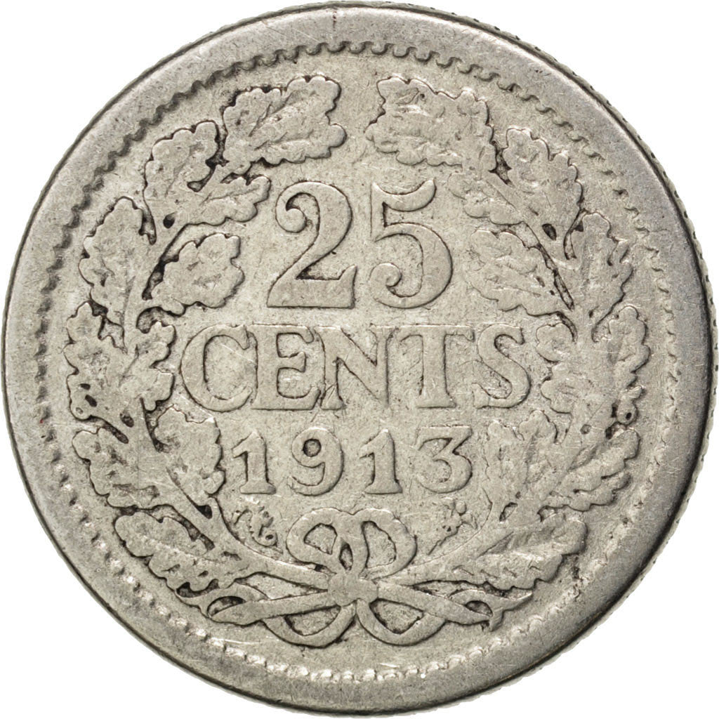 Coin, Netherlands, Wilhelmina I, 25 Cents, 1913, VF(20-25), Silver, KM:146