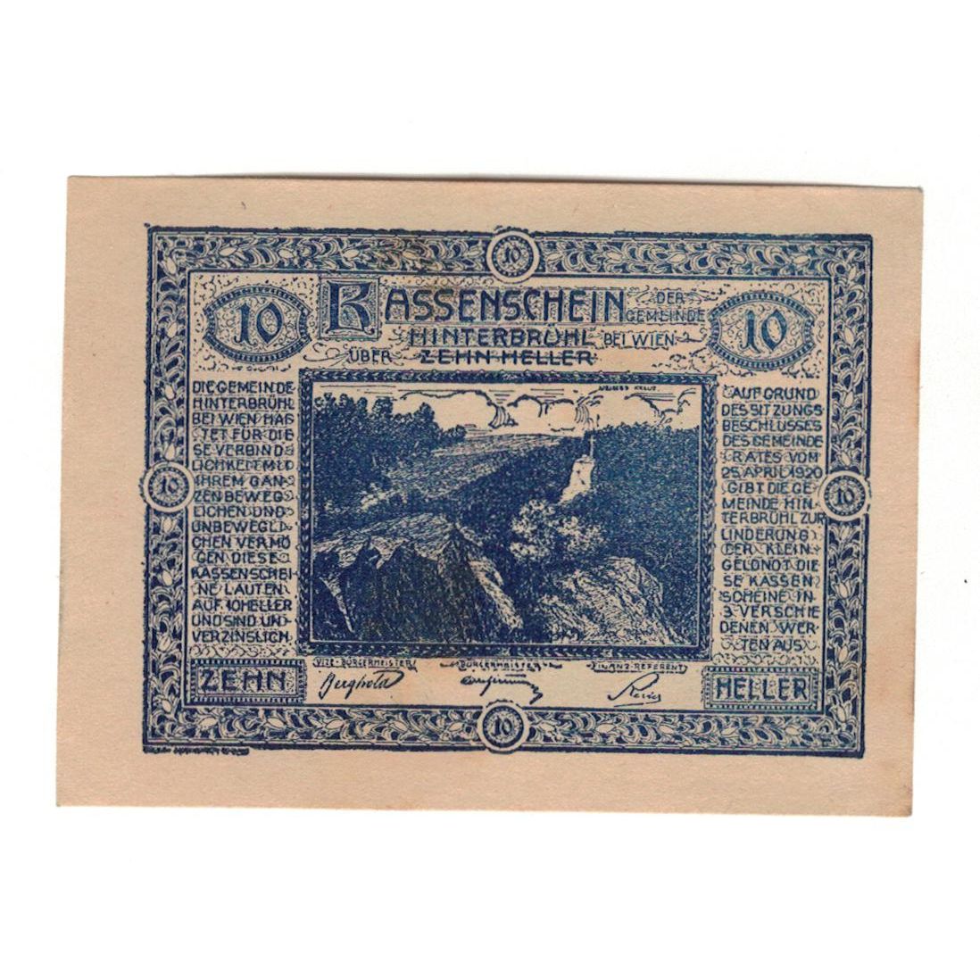 Geldschein, Österreich, Hinterbrühl N.Ö. Gemeinde, 10 Heller, château, 1920