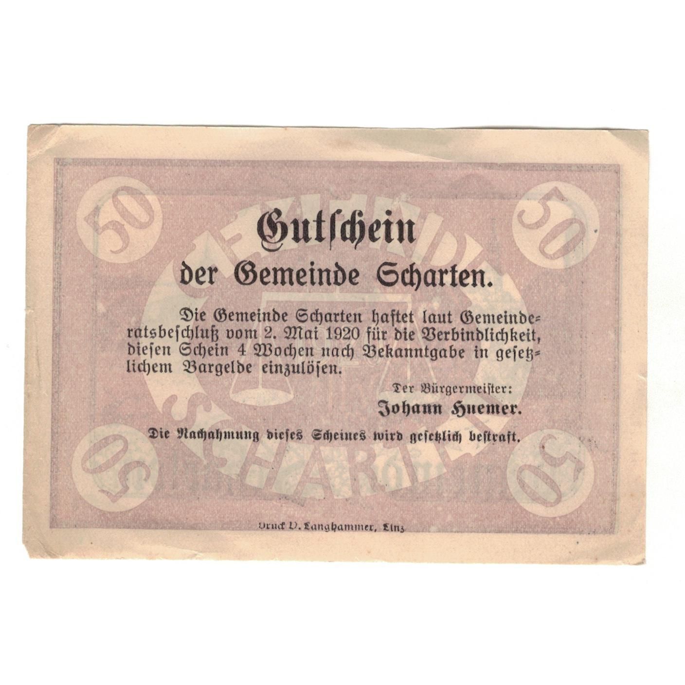 Banknote, Austria, Scharten O.Ö. Gemeinde, 50 Heller, Texte, 1920, 1920-05-02