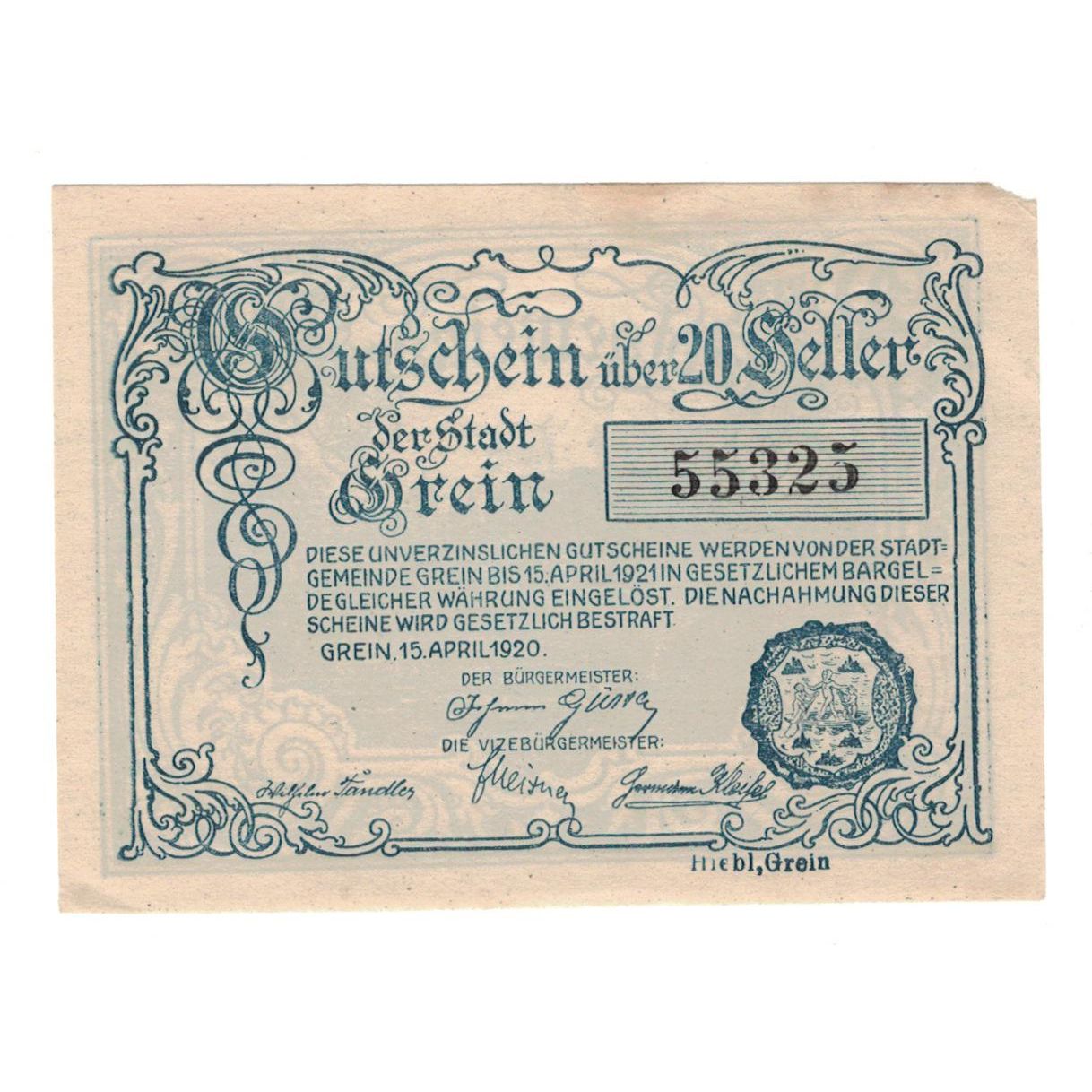 Geldschein, Österreich, Grein O.Ö. Stadtgemeinde, 20 Heller, Texte, 1920