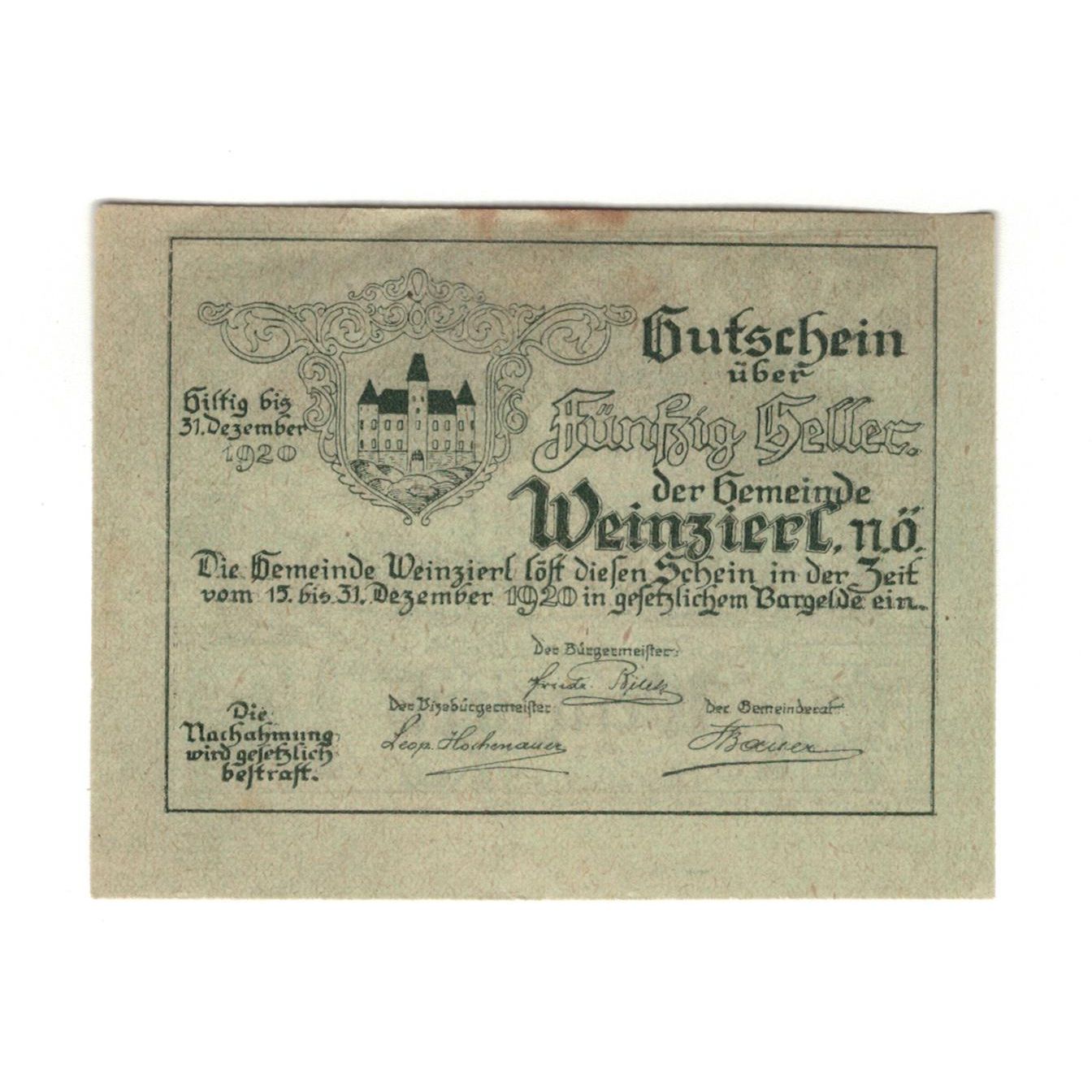 Banknote, Austria, Weinzierl bei Wieselburg N.Ö. Gemeinde, 50 Heller, Texte