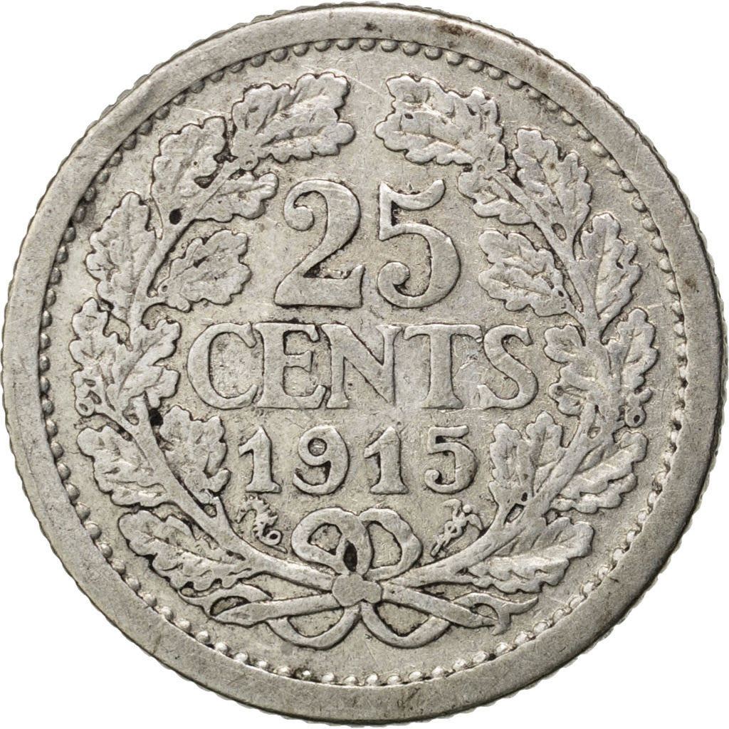 Coin, Netherlands, Wilhelmina I, 25 Cents, 1915, VF(20-25), Silver, KM:146